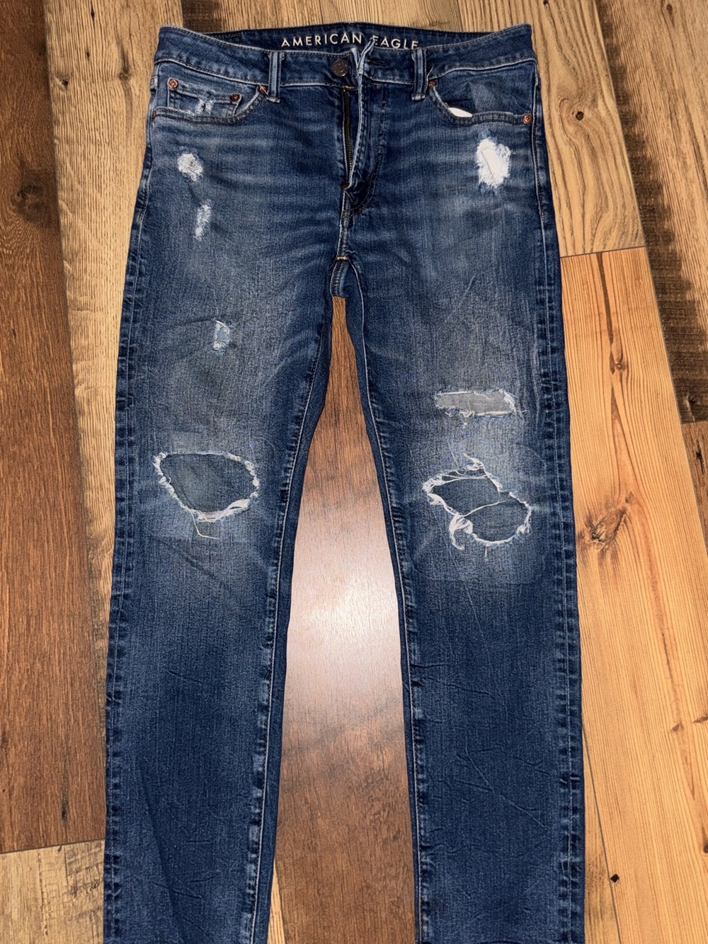 American Eagle Outfitters Men's Dark Blue Distressed Skinny Jeans